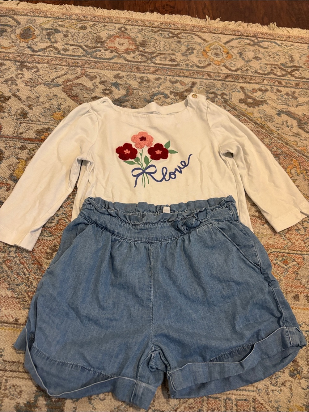 Janie and Jack Cream Floral 'Love' Top with Light Blue Chambray Shorts